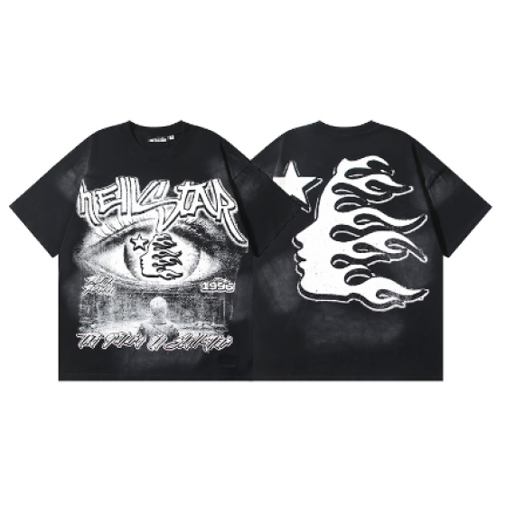 、Hellstar Washed Retro Trendy Print Short-Sleeve T-Shirt